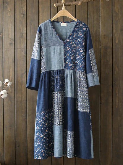 Cardydony Japanese Vintage Geometric Floral Patchwork Women's Linen Maxi Dress