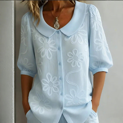 Cardydony Loose Vintage Button Embroidered Floral Mid-sleeve Shirt