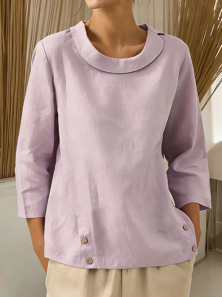 Cardydony Loose Cotton And Linen Solid Color Casual Navy Collar Shirt