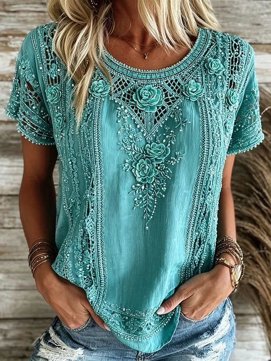 Cardydony Women's Vintage Floral Art Flowy Linen Blend Casual Tops