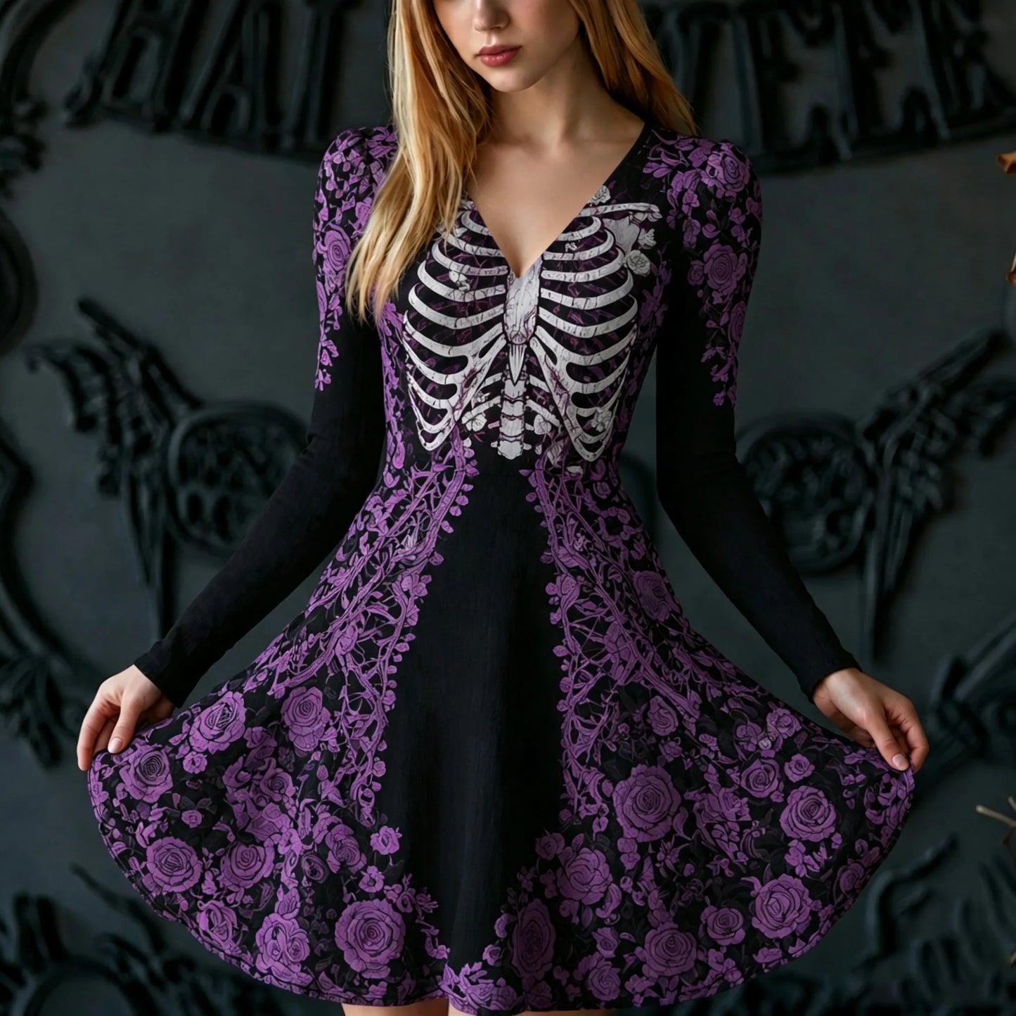 Cardydony Women's Retro Halloween Human Bones And Floral Print Long-sleeved V-neck Dress