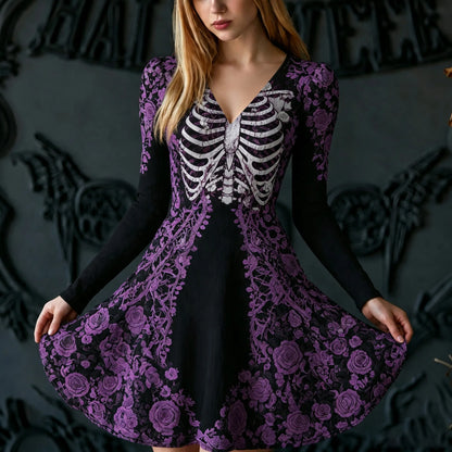 Cardydony Women's Retro Halloween Human Bones And Floral Print Long-sleeved V-neck Dress