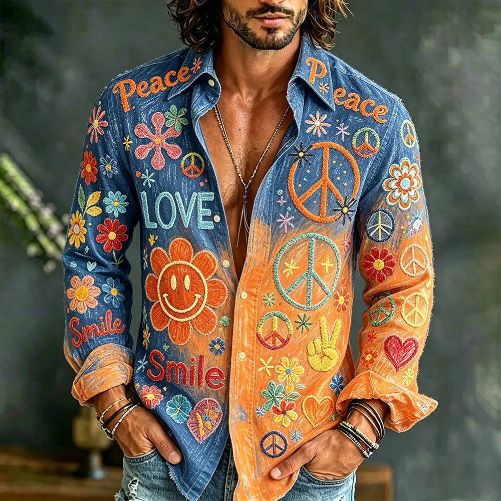 Cardydony Men's Hippie Style Floral Embroidered Gradient Casual Long Sleeve Shirt