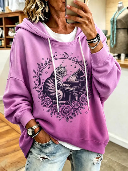 Cardydony Women's Casual Pullover Hoodie Featuring Cat Playing Piano With Roses And Music Notes