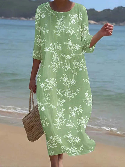 Cardydony Women's Elegant Floral Art Linen Blend Loose Linen Dress