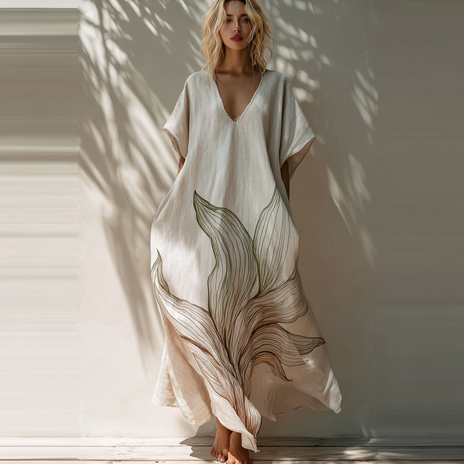 Cardydony Plant Pattern Design Casual Linen Dress