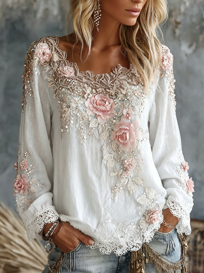 Cardydony Women's Vintage Rose Floral Art Crew Neck Long Sleeve Linen T-shirt