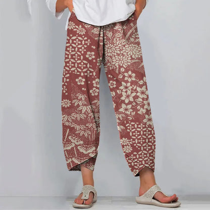 Cardydony Vintage Japanese Art Flower Print Casual Pants