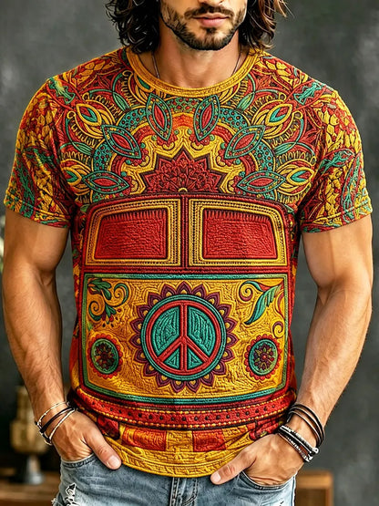 Cardydony Men's Retro Hippie Art Print Crew Neck Short Sleeve T-shirt