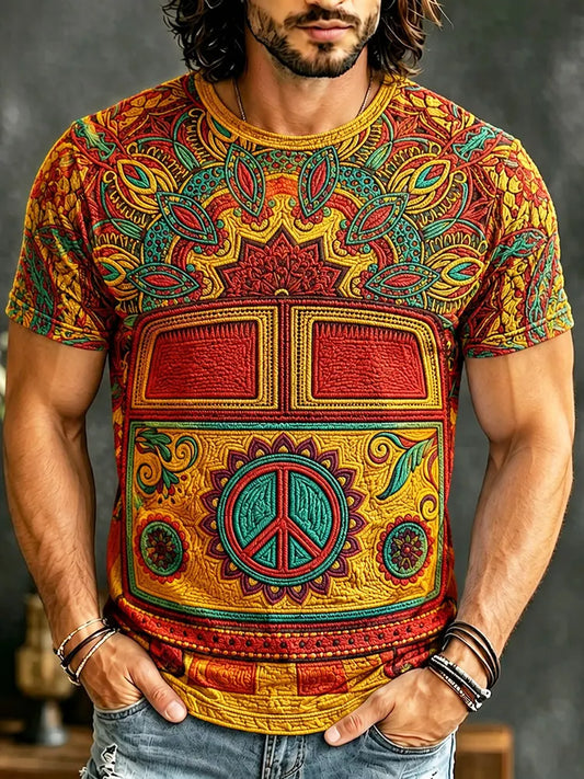 Cardydony Men's Retro Hippie Art Print Crew Neck Short Sleeve T-shirt
