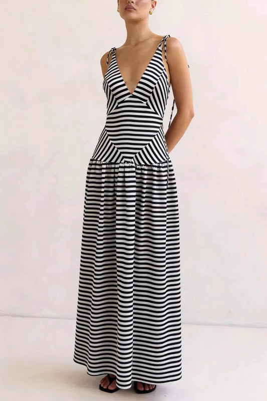 Cardydony Women's  Striped Print V-neck Sleeveless Casual Vacation Maxi Dress