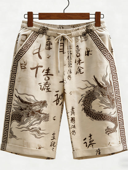 Cardydony Men's Calligraphy With Dragon Art Pattern Linen Blend Casual Shorts