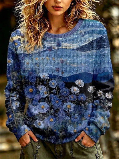 Cardydony Women's Retro Bohemian Floral Print Long-sleeve Sweatshirt