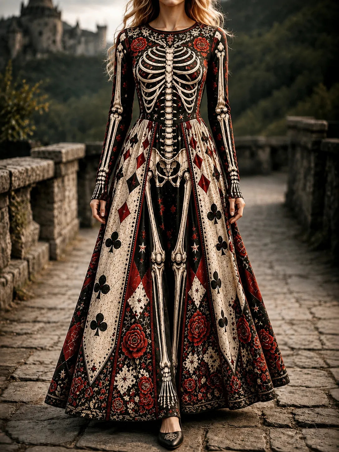 Cardydony Women's Halloween Gothic Skeleton & Floral Poker Print Pattern Maxi Dress