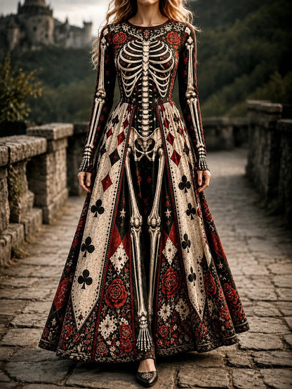 Cardydony Women's Halloween Gothic Skeleton & Floral Poker Print Pattern Maxi Dress
