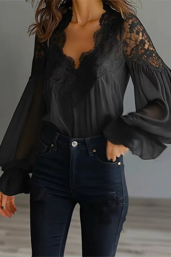 Cardydony Women's Fashionable Patchwork Lace V-neck Puff Sleeve Loose Shirt