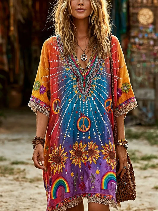 Cardydony Vintage Hippie Peace Sign And Floral Art Colorful Tie-dye Loose Short Sleeve Dress