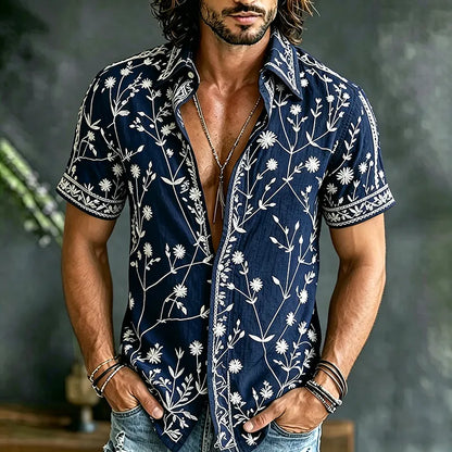 Cardydony Men's Vintage Floral Art Print Flowy Linen Blend Shirt