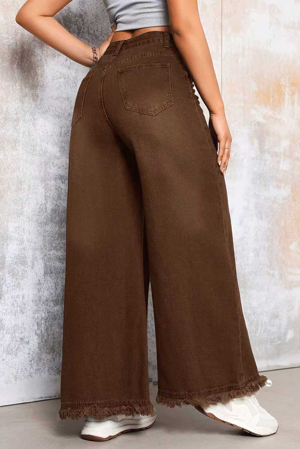 Cardydony Women's Stylish Loose-fitting Frayed Hem Casual Pocket Wide-leg Jeans