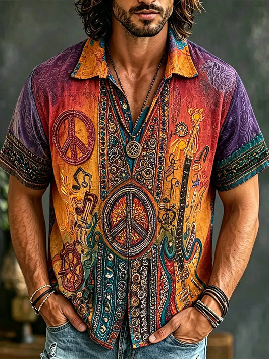 Cardydony Retro Hippie Peace Sign Embroidered Short Sleeve Button Down Shirt, Boho Music Guitar Print Vintage Washed Linen Shirt For Men