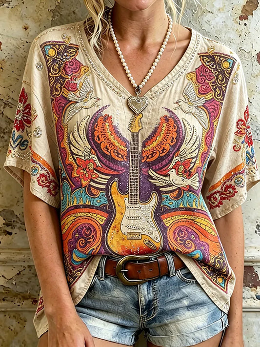Cardydony Retro Rock Guitar Dove Rhinestone V Neck Blouse, Vintage Psychedelic Floral Print Boho Short Sleeve Tee