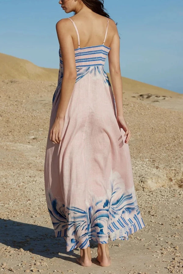 Cardydony Women's Unique Print Square Neck Spaghetti Strap Back Gathered Maxi Dress