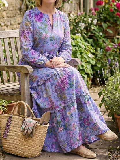 Cardydony Women's Flowers Print Small V-neck Linen Blend Dress