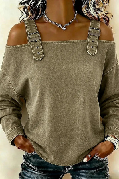 Cardydony Women's  Fashionable Faux Denim Off-shoulder Long-sleeved Loose Top
