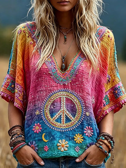 Cardydony Women's Retro Hippie Floral Color Gradient Art Linen Blend Short Sleeve Tops