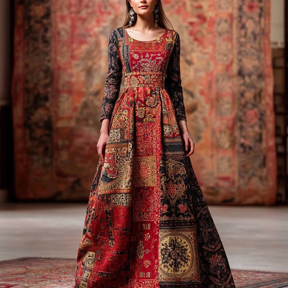 Cardydony Retro Iran Persian Pattern Inspired Comfy Linen Maxi Dress