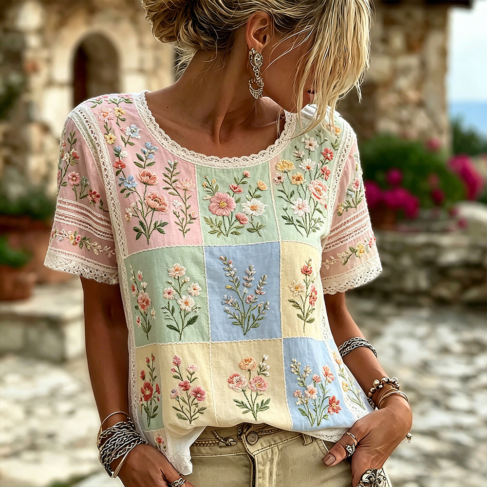 Cardydony Women's Floral And Lace Art Embroidery Spliced Vintage Casual Short Sleeve Top