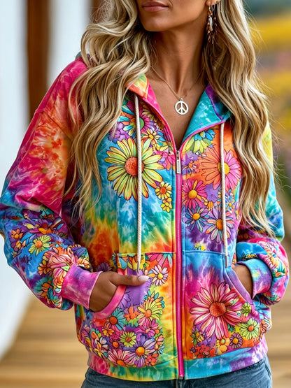 Cardydony Women's Retro Hippie Tie Dye Floral Print Long Sleeve Zip Up Hoodie