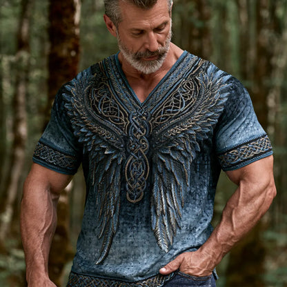 Cardydony Viking Wings And Celtic Knot Art Embroidery Cotton Linen V-neck Short Sleeve Top
