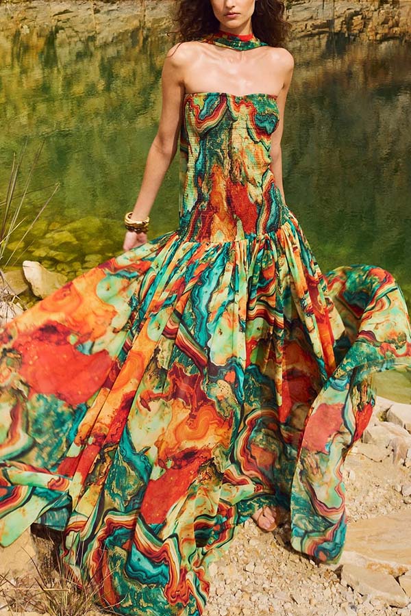 Cardydony Women's Vacay Vibes Colorful Lava Print Off Shoulder Smocked Scarf Maxi Dress