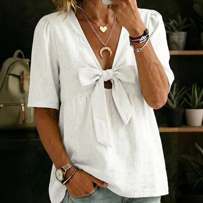 Cardydony Women's Vintage Bow Design Cotton Linen Shirt