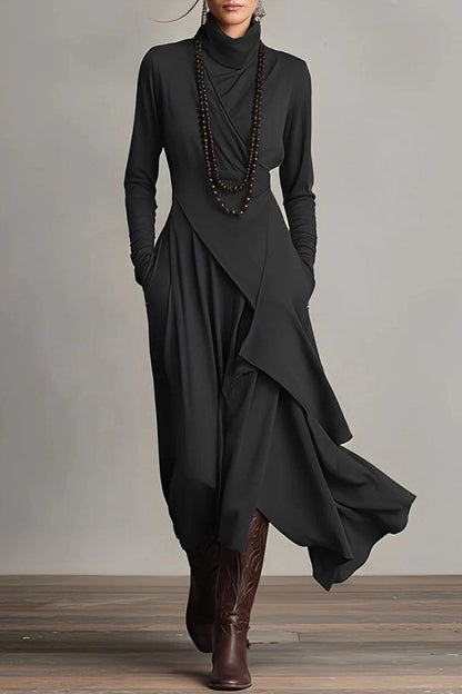 Cardydony Women's Solid Color High-neck Long-sleeved Irregular Casual Maxi Dress