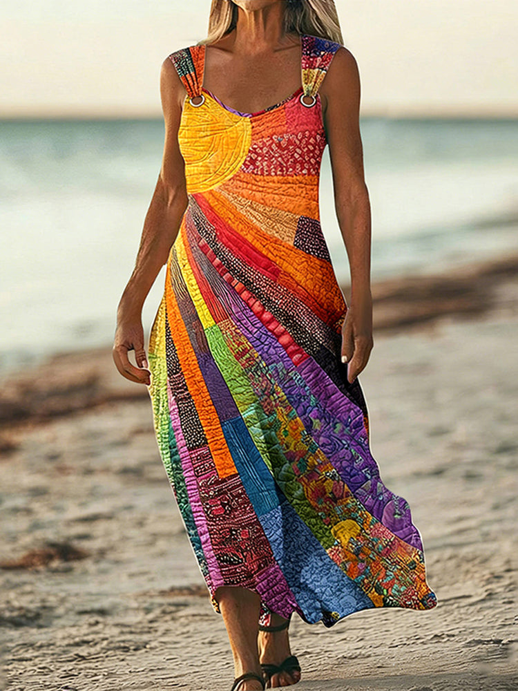 Cardydony Women's Colorful Sun Collage Art Linen Blend Sleeveless Dress
