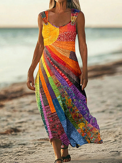 Cardydony Women's Colorful Sun Collage Art Linen Blend Sleeveless Dress