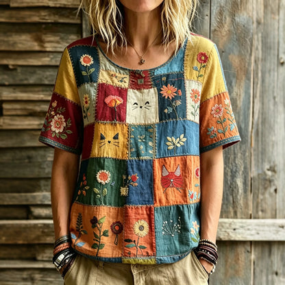Cardydony Women's Hippie Cute Cat In Patchwork Art Embroidered Linen Blend Round Neck Tshirt