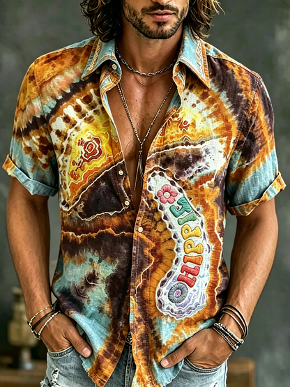 Cardydony Men's Causal Spring Tie-dye Hippie Peace Patchwork Art Print Flowy Linen Blend Shirt