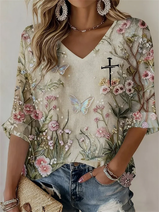 Cardydony Women's Faith Floral Print Waffle Long Sleeve T-shirt