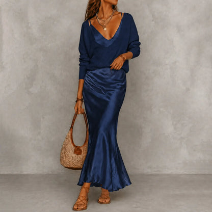 Cardydony Elegance Long-sleeved Knit Top + Satin Slip Dress Two-piece Set