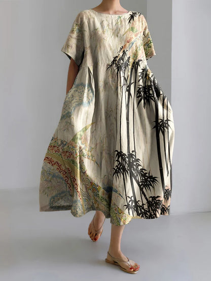 Cardydony Women's Vintage Japanese Art Print Short Sleeve Midi Dress