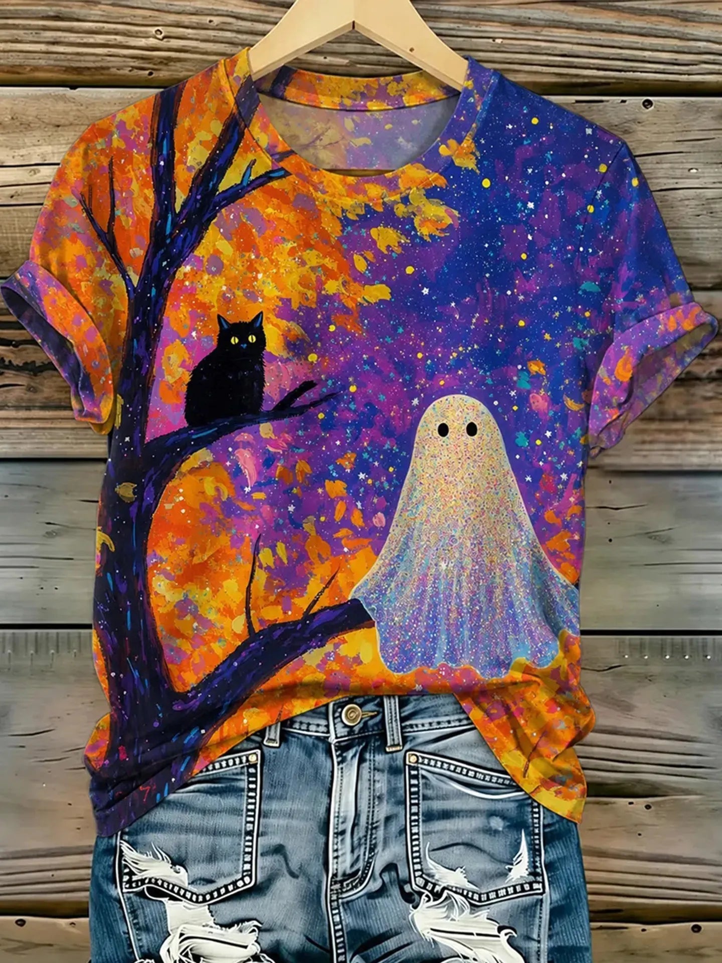 Cardydony Women's Retro Halloween Theme Cat Ghost Print Casual T-shirt