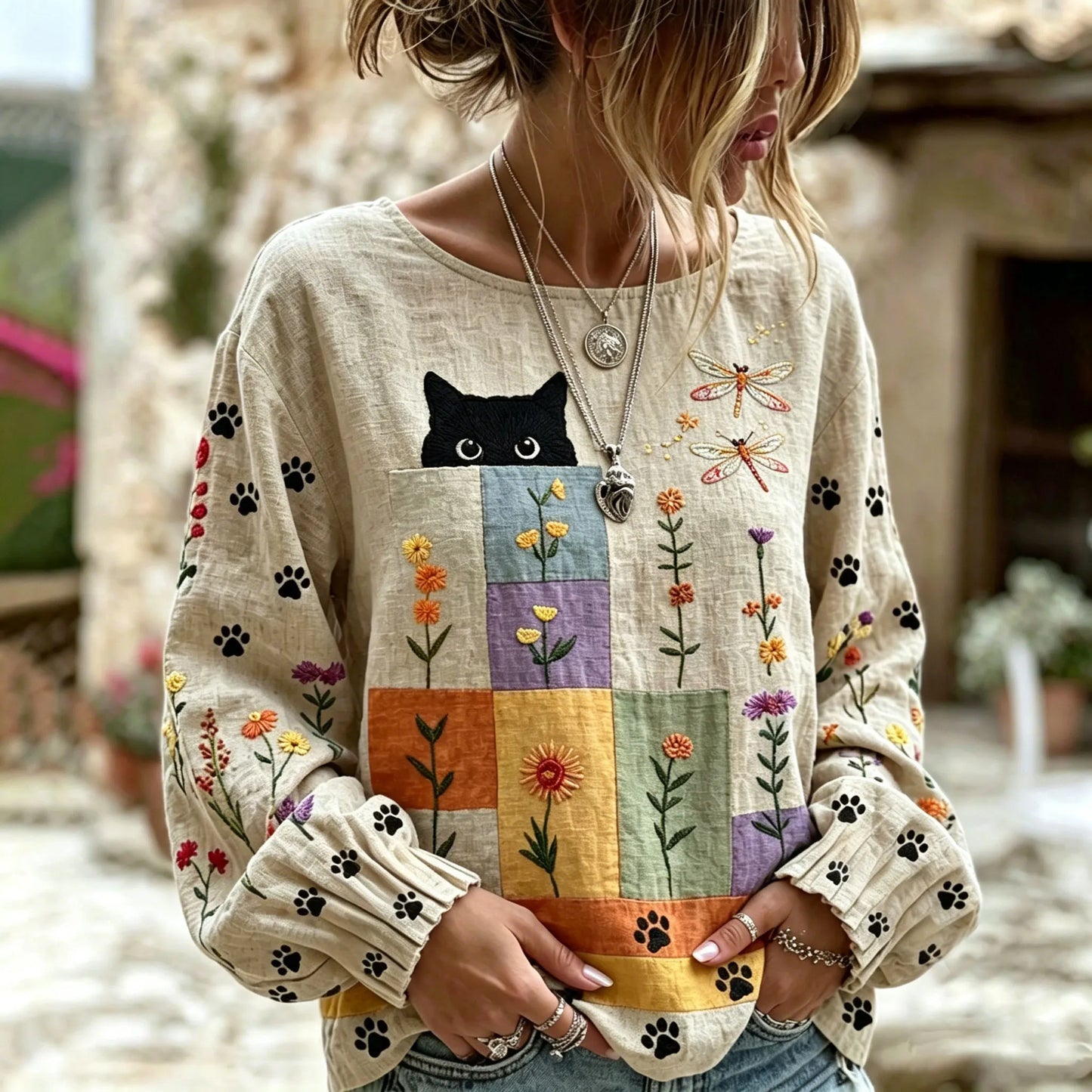 Cardydony Women's Vintage Hippie Cute Cat In Patchwork Art Embroidered Linen Blend Round Neck Long Sleeve Tshirt