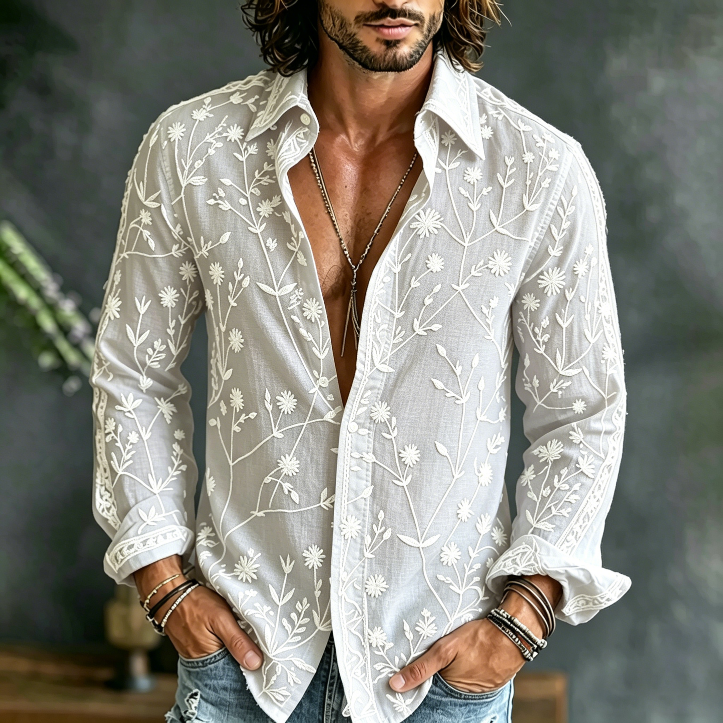 Cardydony Men's Spring Summer Floral Embroidered Art Print Flowy Linen Blend Shirt