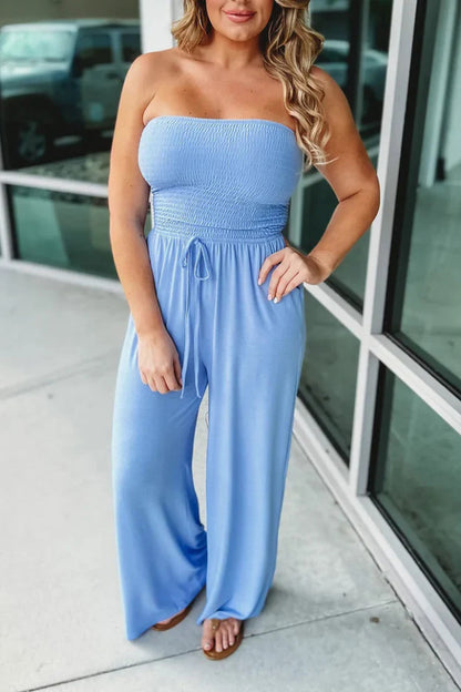 Cardydony Women's Solid Color Sleeveless Off-shoulder Pleated Loose Pocket Casual Wide-leg Jumpsuit