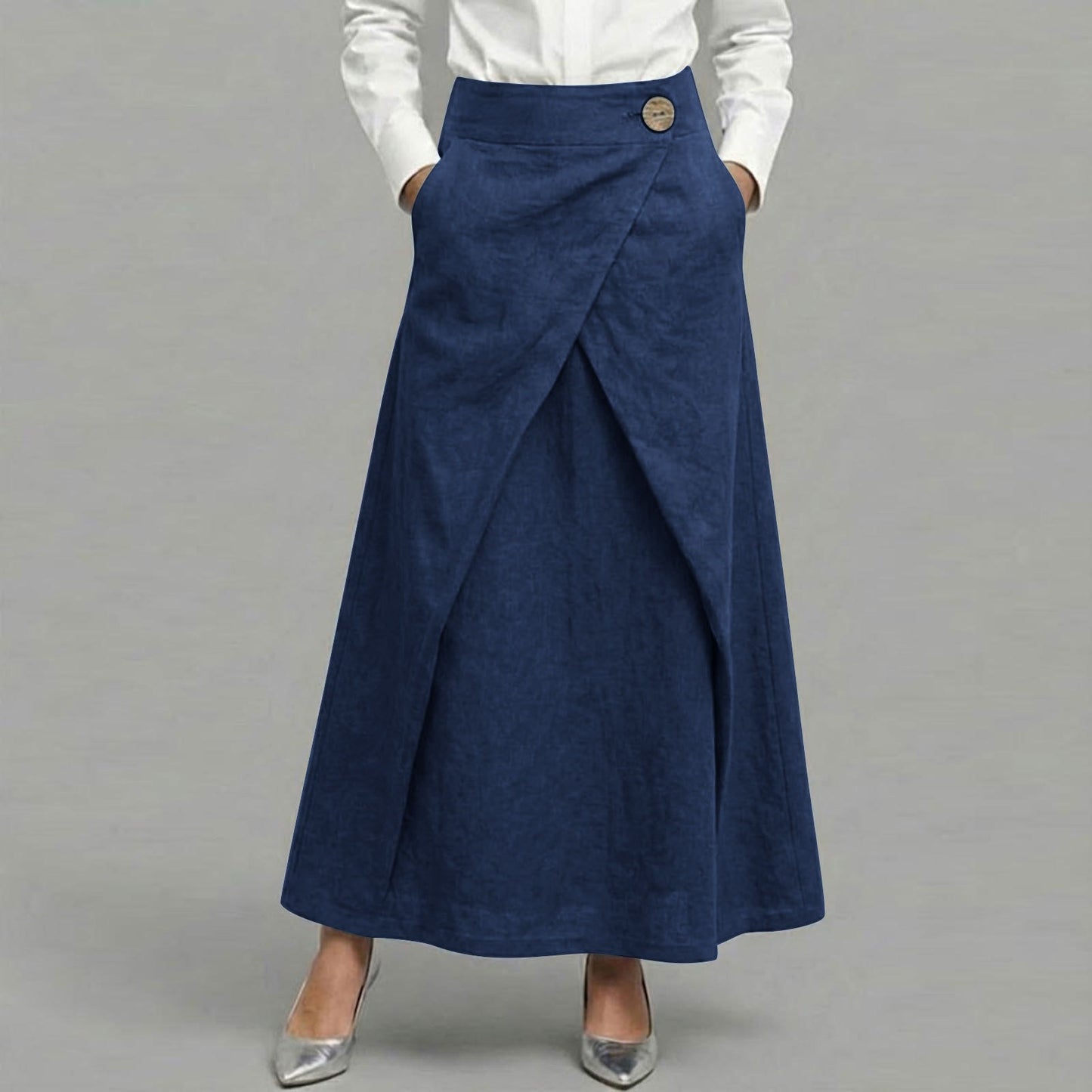 Cardydony Women's Casual Retro Slanted Button Cotton And Linen Skirt