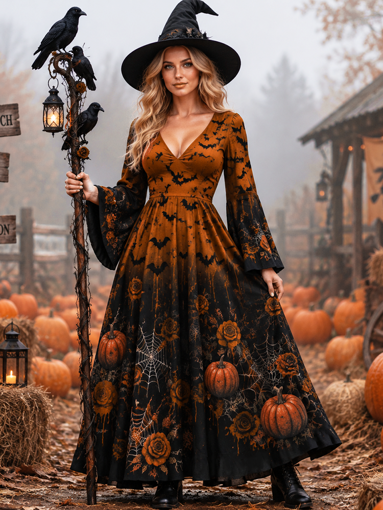 Cardydony Women's Halloween Cosplay Maxi Dress - Spooky Jack-o'-lanterns, Roses And Spider Webs Print Flowy Dress