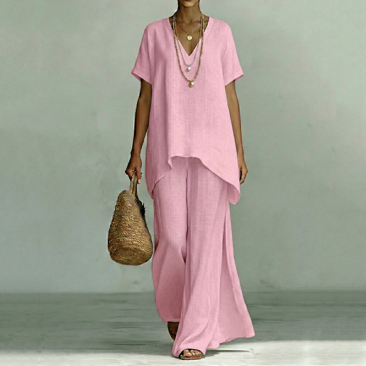 Cardydony Linen V-neck Short-sleeved Loose Top And Wide-leg Pants Two-piece Set